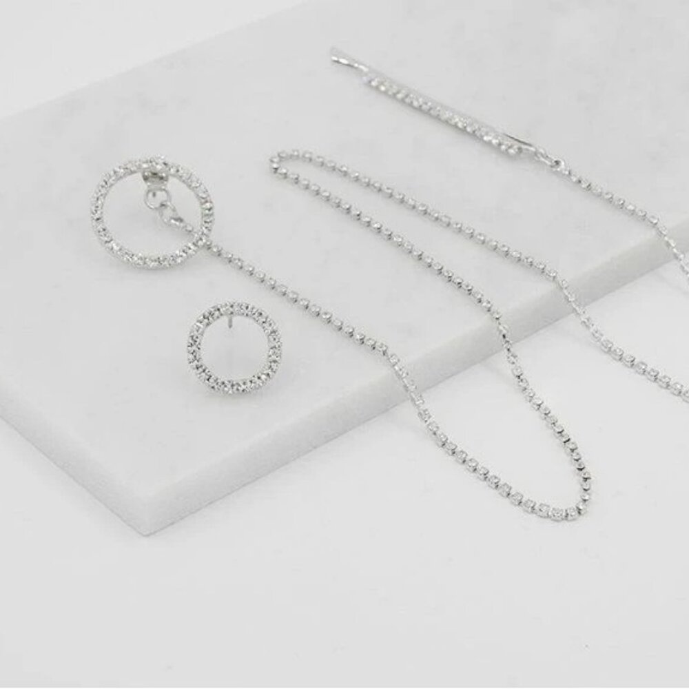 Unique Silver Rhinestone Circle Chain Earring and Hair Barrette Set
